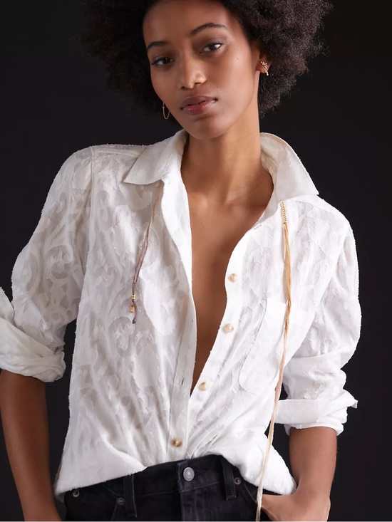 Anthropologie Tops - Anthropologie Maeve Classic Slim White Buttondown Shirt with Floral Jacquard